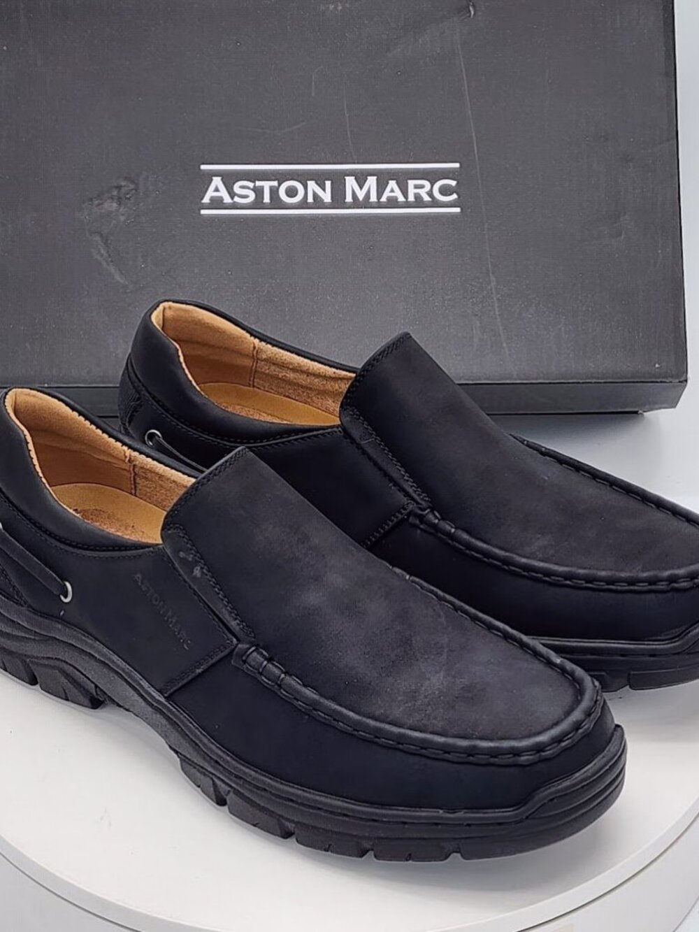 Aston Marc Comfort 42 Black Lug Sole Moc Toe Loafers Men’s Size 8